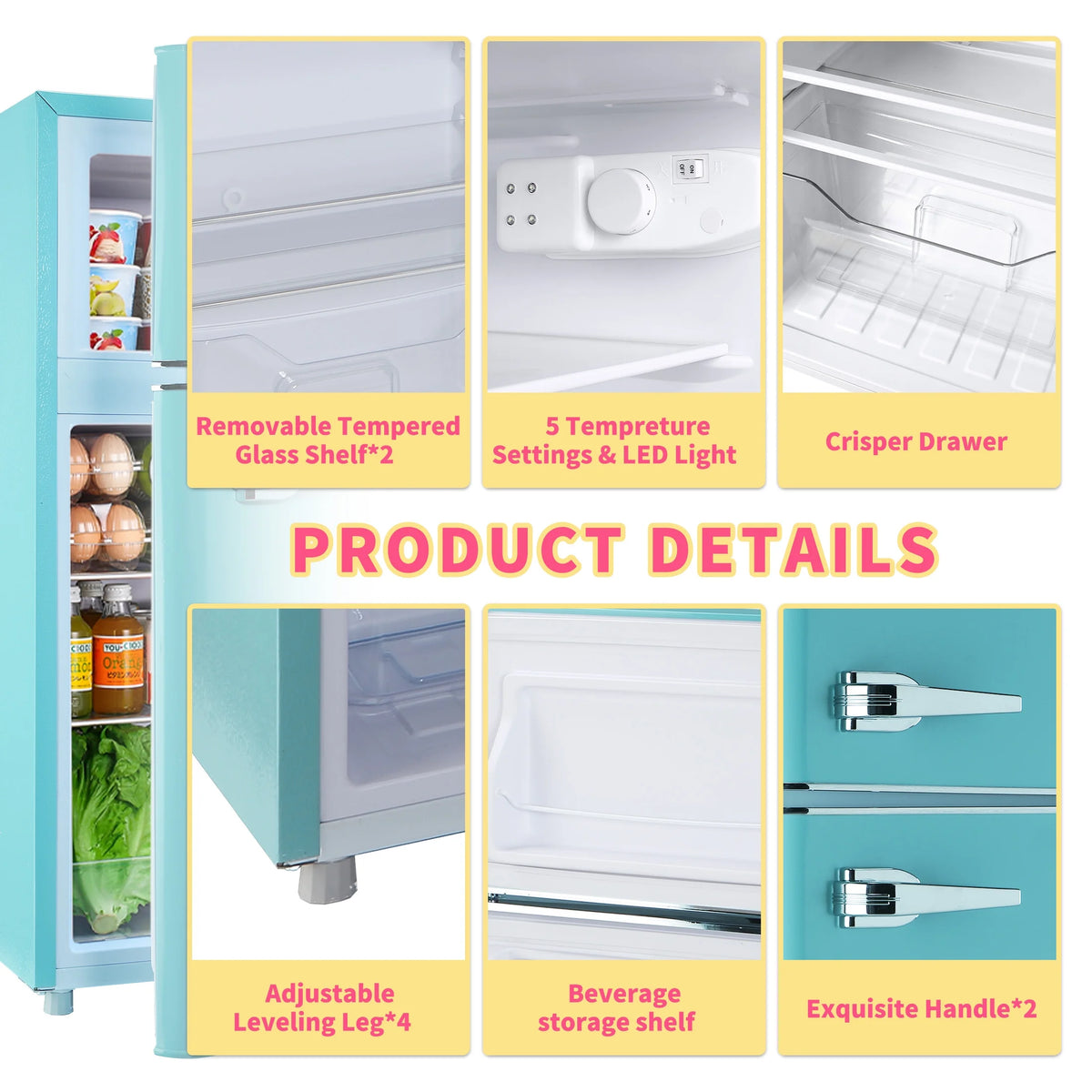 Mini Refrigerator with Double Door/3.5Cu.ft/Freezer,for Gameroom/Bedroom/Apartment/Dorm,Blue