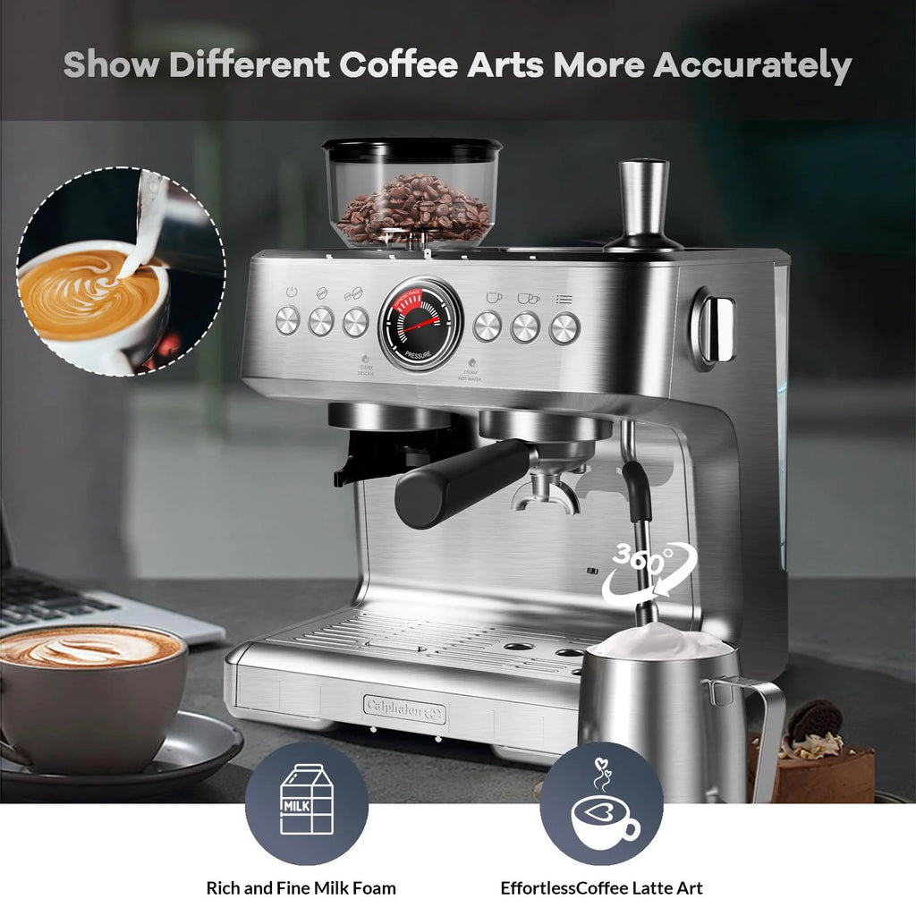 Espresso Machine with Built-in Grinder,Italian ULKA 15 Bar Espresso Machine - 85oz Water Tank, Dual PID Control, Milk Frother & Auto-Cleaning for Perfect Lattes and Cappuccinos