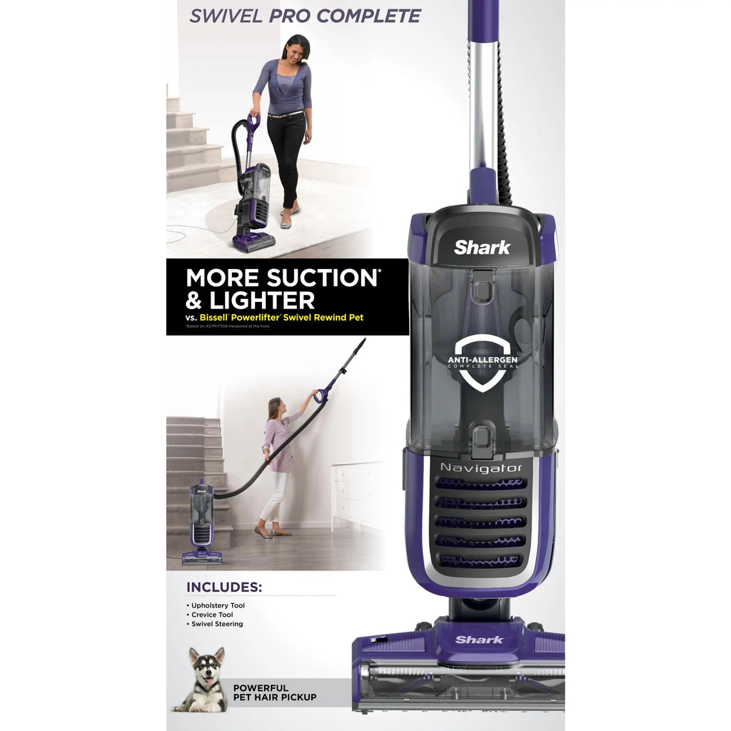 Shark Upright Vacuum, Navigator Swivel Pro, Bagless, Powerful Suction, Advanced Maneuverability, Complete Seal with HEPA Filter, Hard Floor and Carpet, Upholstery and Crevice Tool, NV150, Purple
