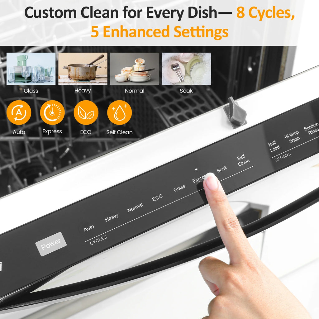 Sunvivi 24" Built-in Dishwasher, Stainless Steel Dish Washer Machine with Large 14-16 Place Settings, 8 Wash Cycles, Energy Star, Black