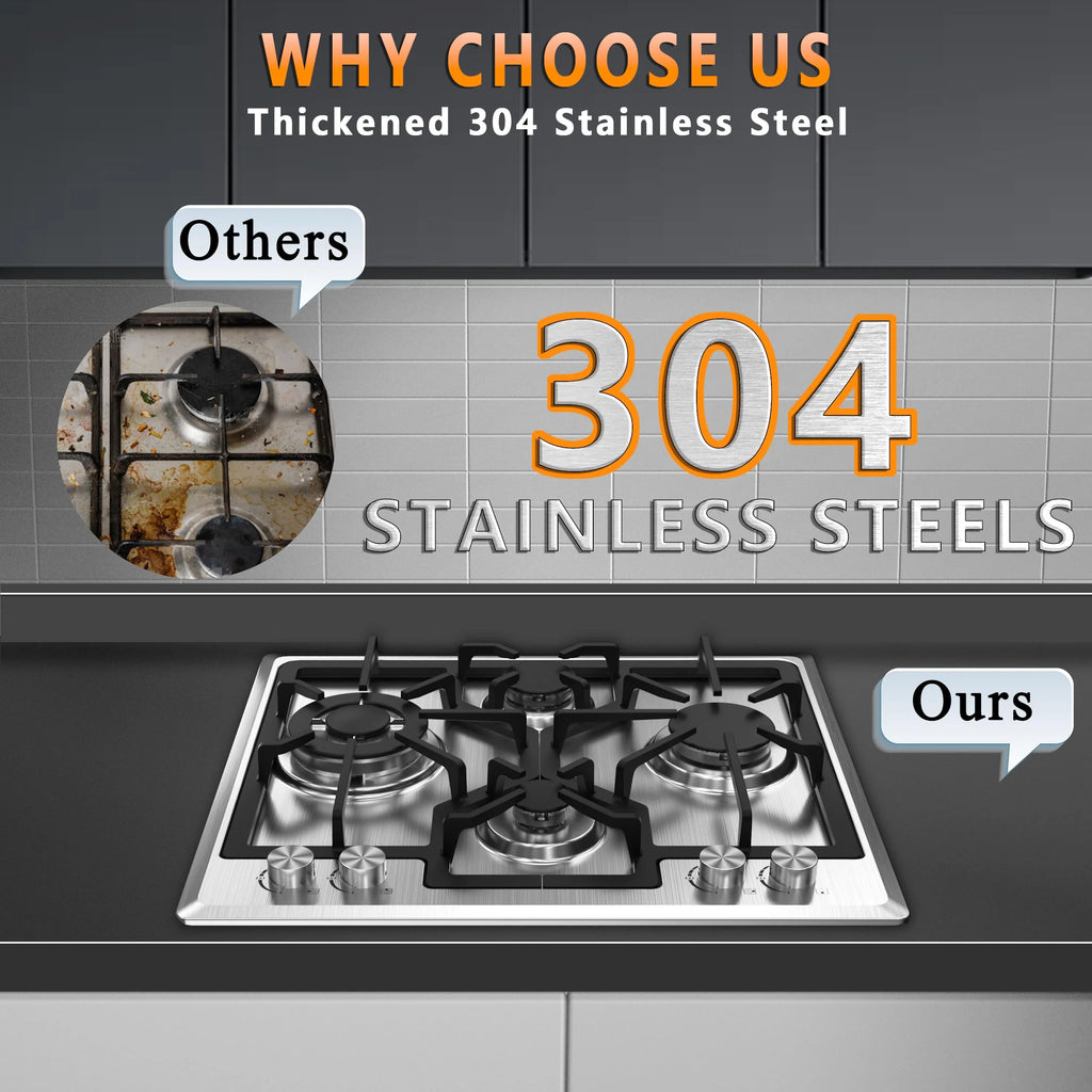 Gas Cooktop 23 inch, Adorer Bulit-in Gas Stove Top with 4 Burner, 23 Inch NG/LPG Convertible Cooktops, Four Burner Propane Cooktop with Thermocouple Protection, Stainless Steel