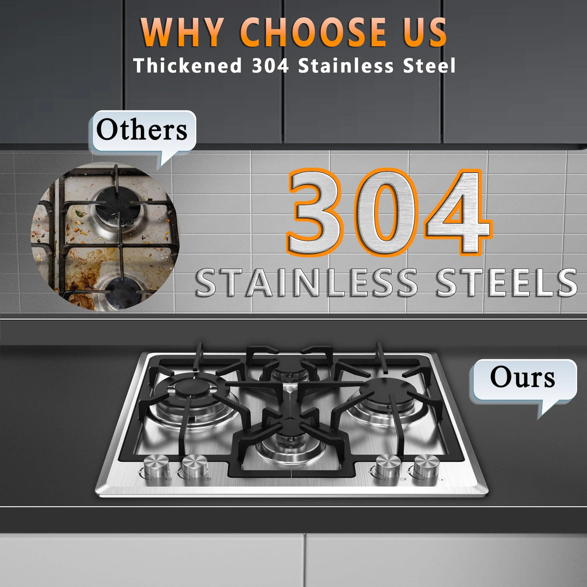 Gas Cooktop 23 inch, Adorer Bulit-in Gas Stove Top with 4 Burner, 23 Inch NG/LPG Convertible Cooktops, Four Burner Propane Cooktop with Thermocouple Protection, Stainless Steel