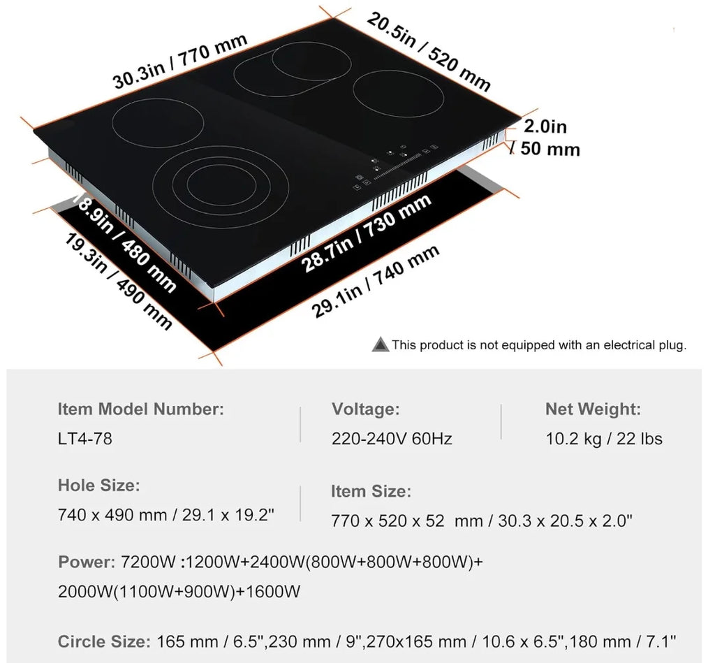 KFFKFF 7200W Electric Ceramic Cooktop, 30" 4 Burners Built-in Countertop Burners Cooker Touch Sensor Control, Overheat Protection, Child Lock, 220-240V (NO Plug)