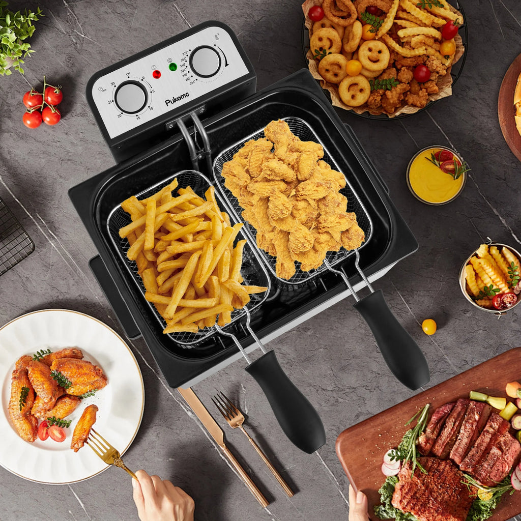 SUSTEAS 5.3 Qt Electric Deep Fryer with 3-Baskets for Home, 1800W, Timer & Temp Control, Stainless Steel & Black