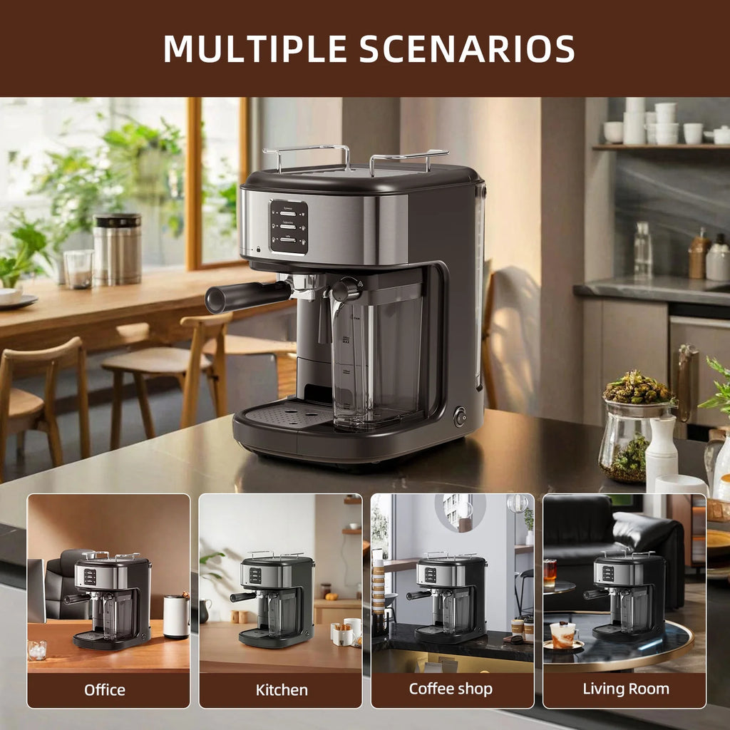 Auseo 20 Bar Espresso Machines, Espresso Coffee Maker with Milk Frother Steam Wand, Ground Coffee & Capsules, Black and Stainless Finish, Espresso/Cappuccino/Latte/Mocha for Home