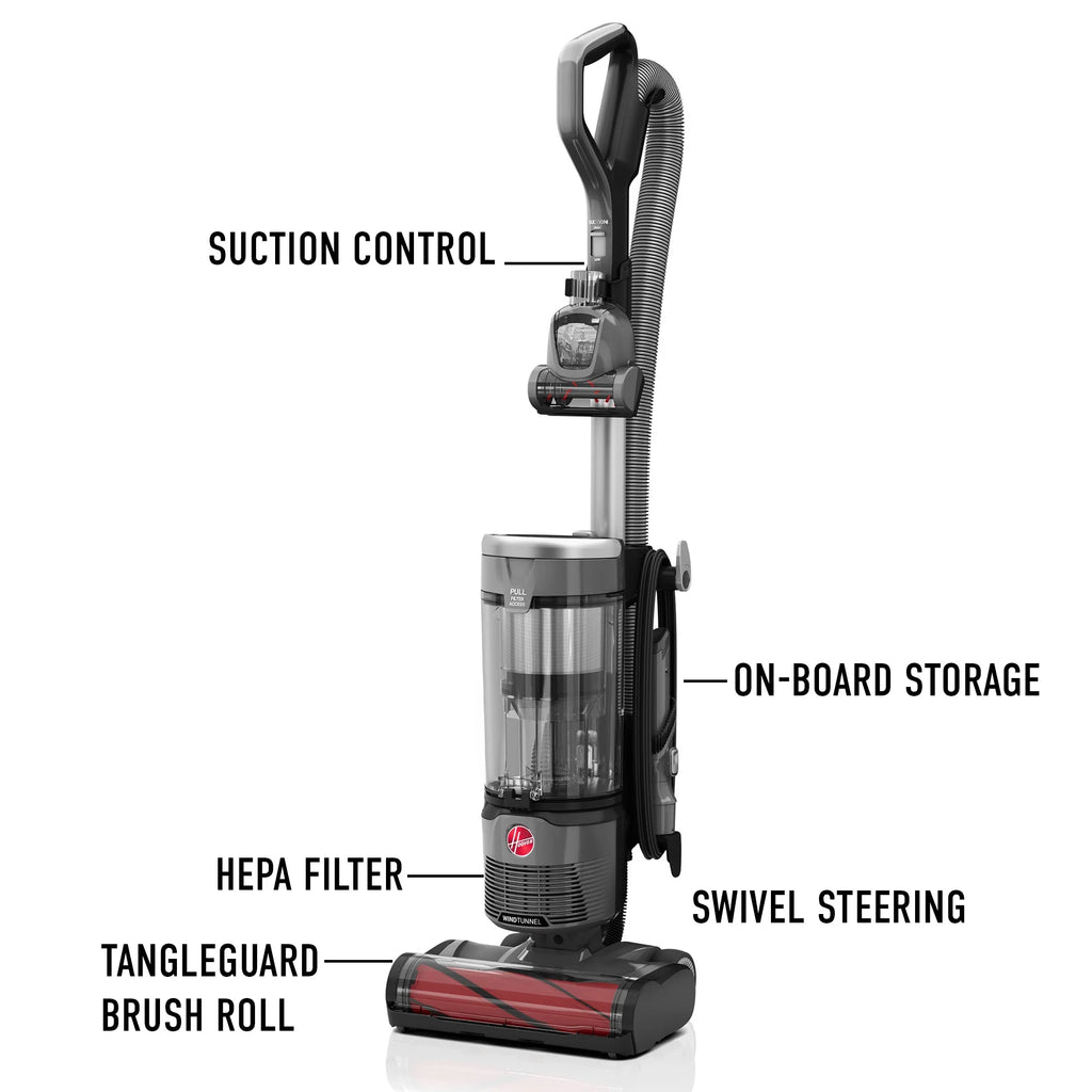 Hoover Windtunnel Swivel Pet Bagless Upright Vacuum, Pet Friendly, Above Floor Cleaning, Swivel Steering, Prevents Hair Wrap, UH77310V, Gray
