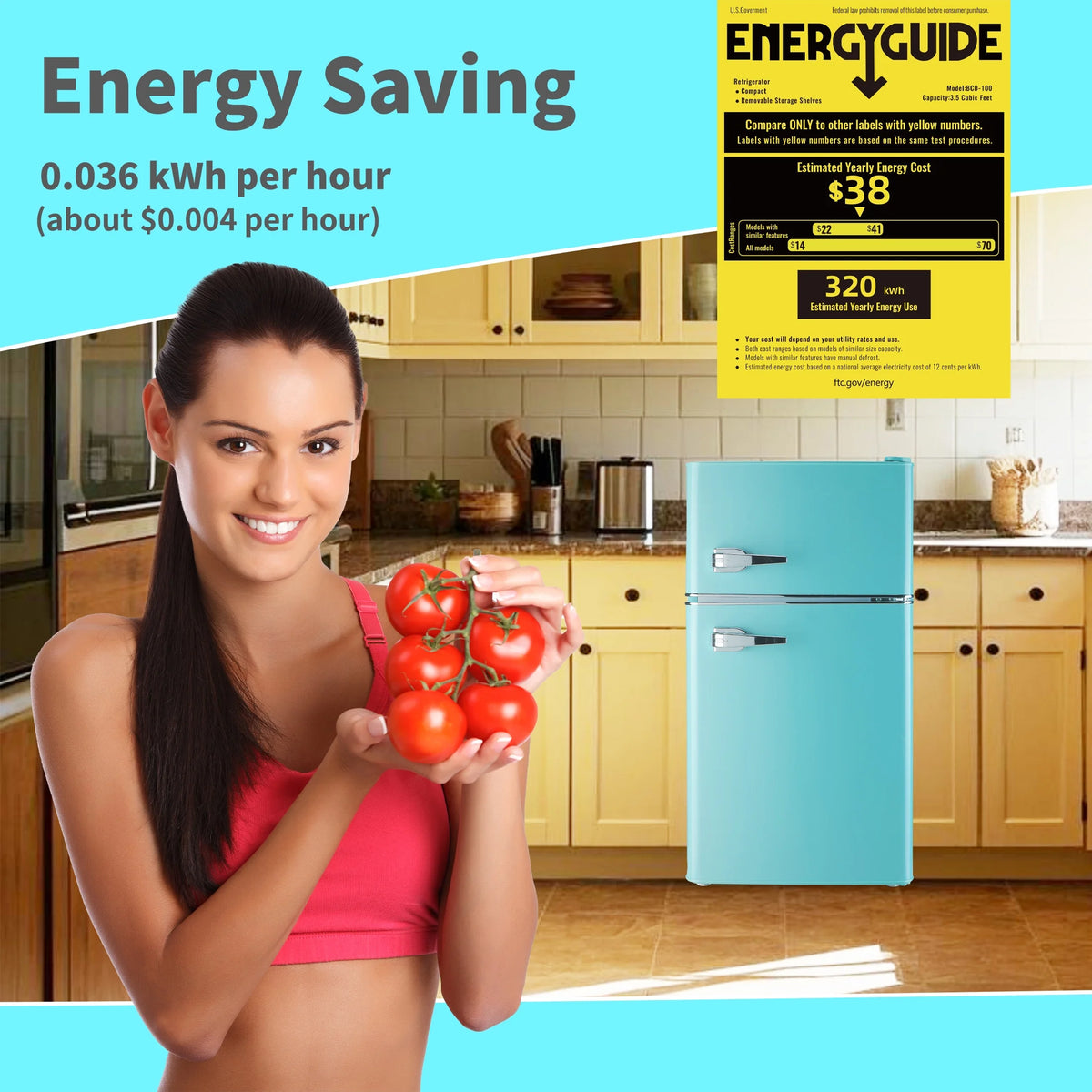 2 Door Mini Fridge with Freezer,3.5Cu.ft Small Freezer,7 Adjustable Thermostat,Blue,New