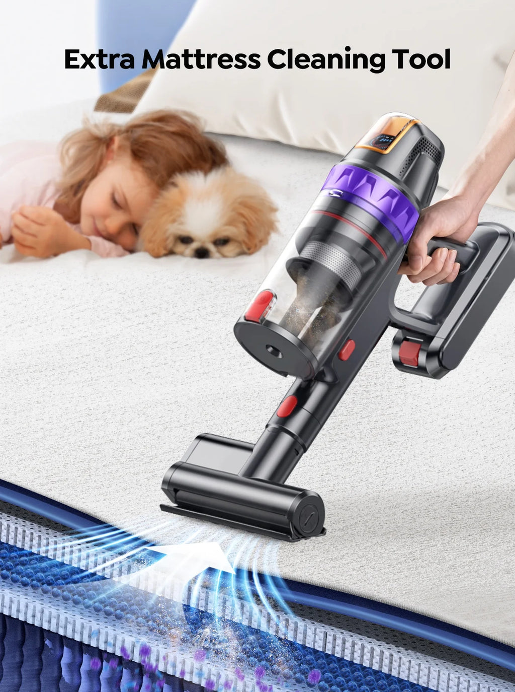 Buture VC90 Cordless Stick Vacuum Cleaner with Mattress Mite Removal Brush, 55KPA Strong Suction for Carpet Hardwood Floor