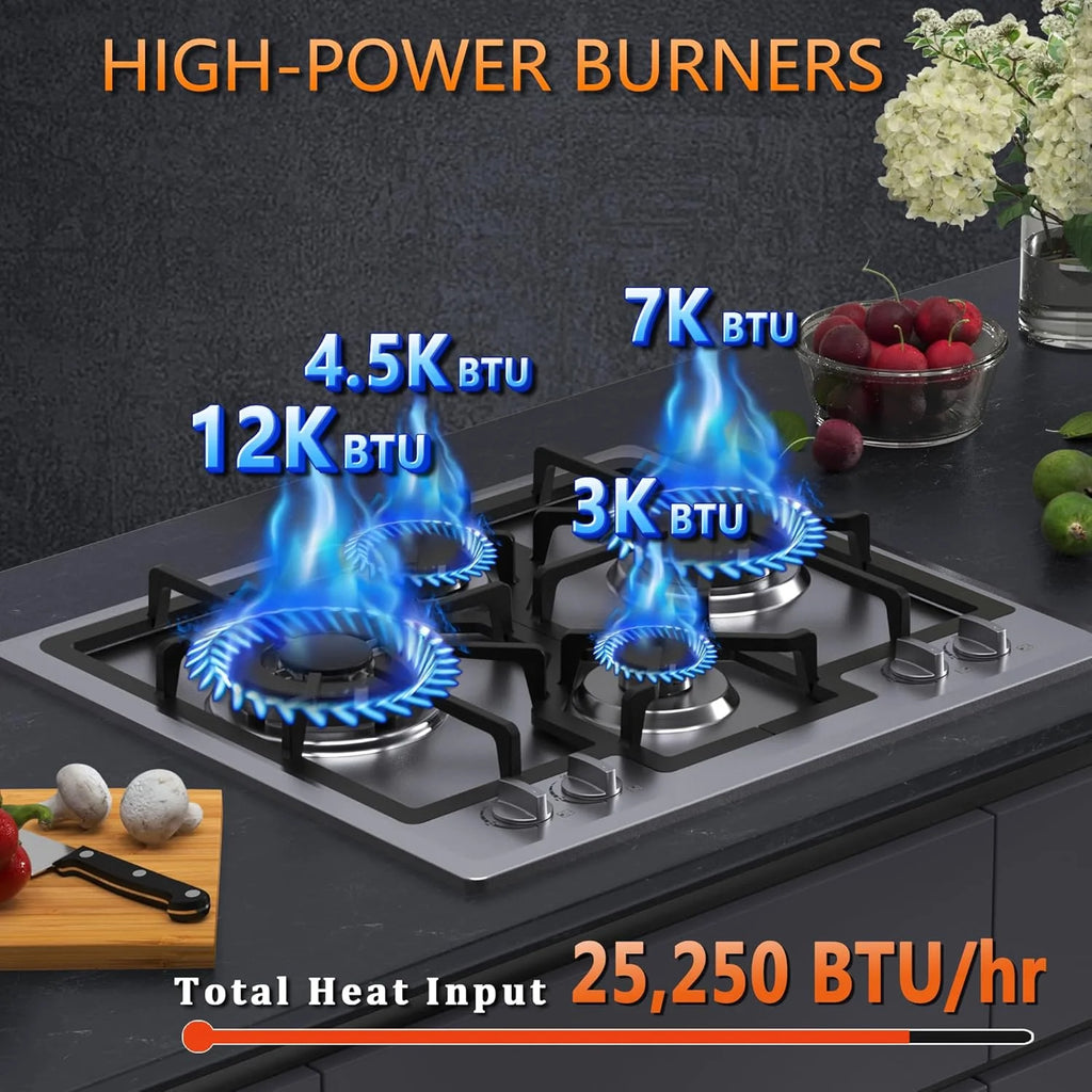 24 inch Gas Cooktop, Bulit-in Gas Stove Top with 4 Burner, NG/LPG Convertible Cooktops, Dual Burner Propane Cooktop with Thermocouple Protection, Stainless Steel