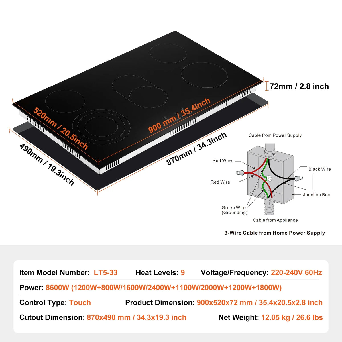 KFFKFF 5 Burner Electric Ceramic Cooktop, Built-in Countertop Burners, 36" Electric Range, 8600W, with Touch Control, Timer, Safety Lock, 9 Power Levels, 220-240V, Direct Wiring Required