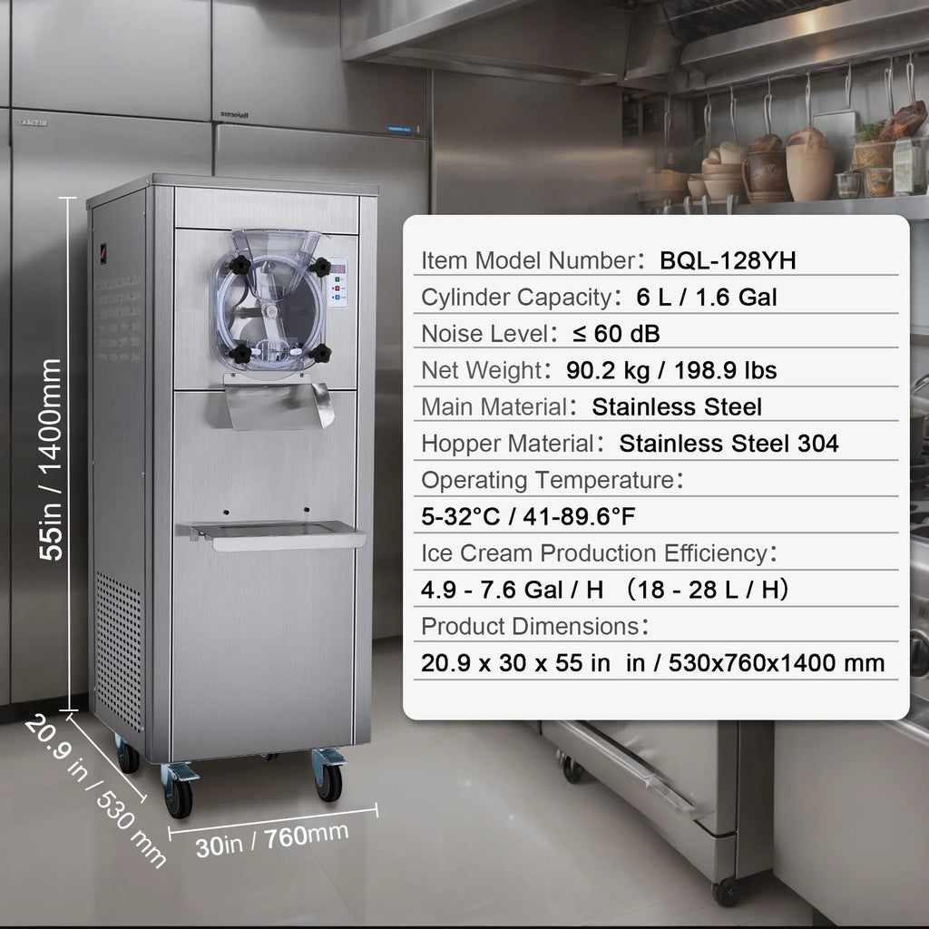 KFFKFF Commercial Ice Cream Machine, 18L/Hour Output, 1780W, Single Flavor, Mobile with Wheels, 6L Stainless Steel Cylinder, LED Screen, Auto Clean & Pre-cool