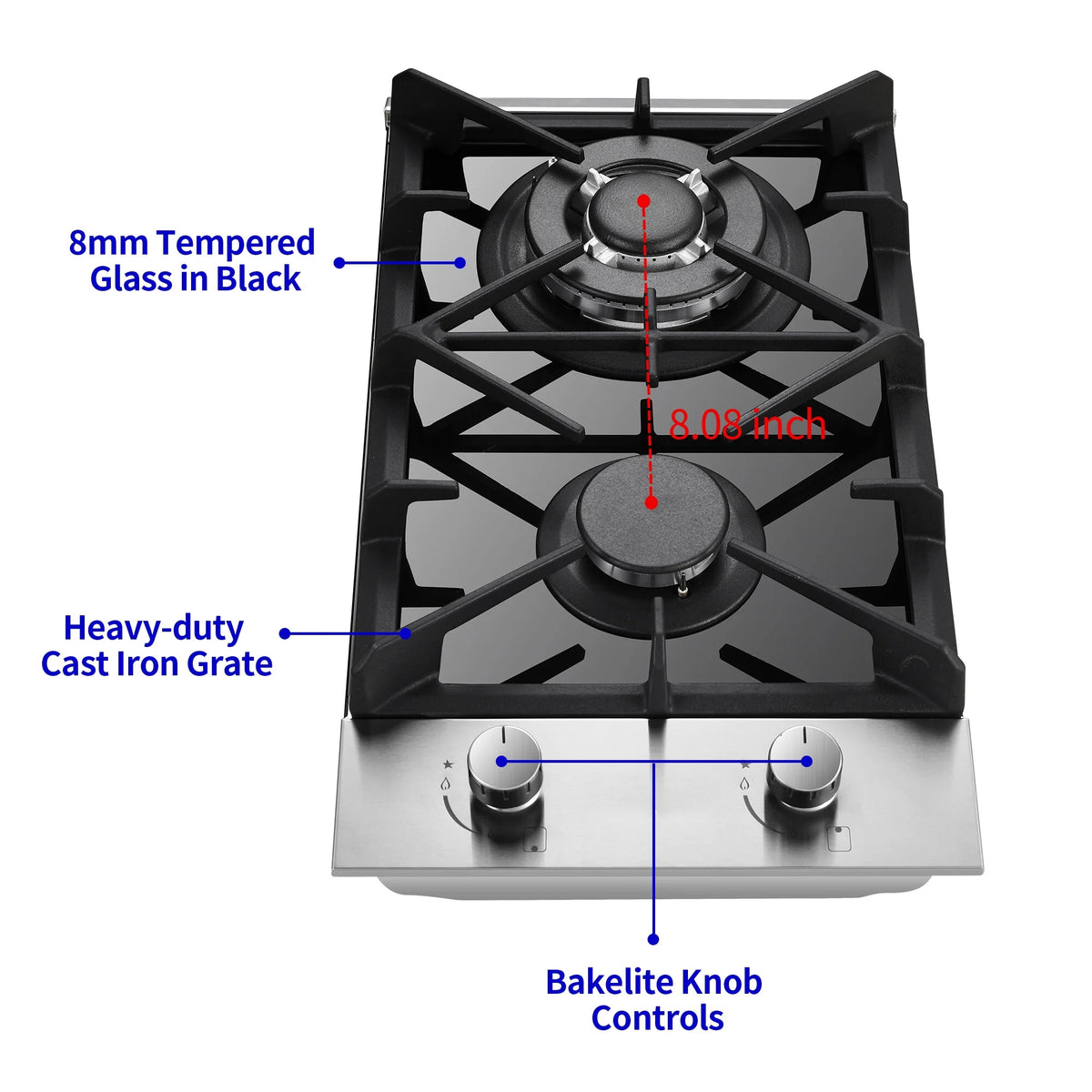 Eascookchef 2 Burners Gas Cooktop Electric Stove Oven 12 inch NG/LP Gas Stainless Flame-Out Proof