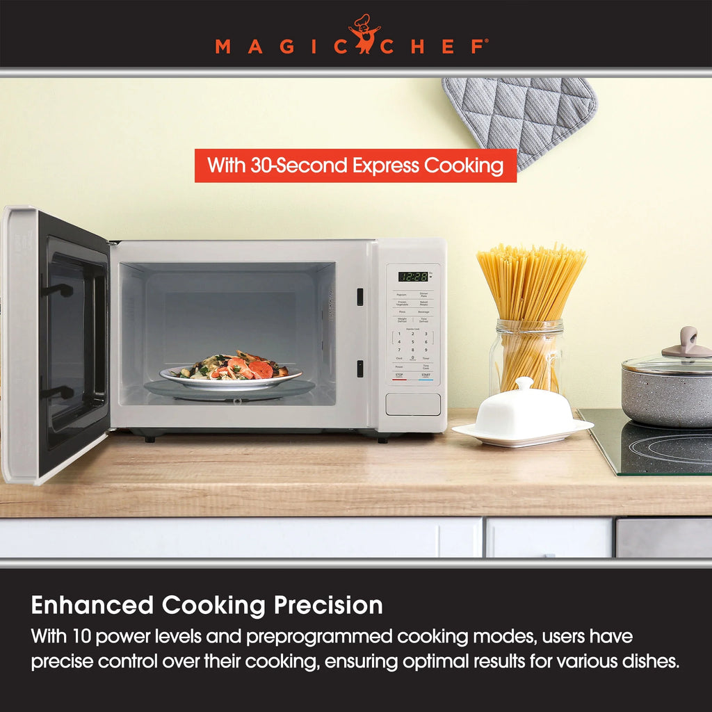 Open Box Magic Chef 0.9 Cubic Feet 900 Watt Stainless Microwave Oven, White