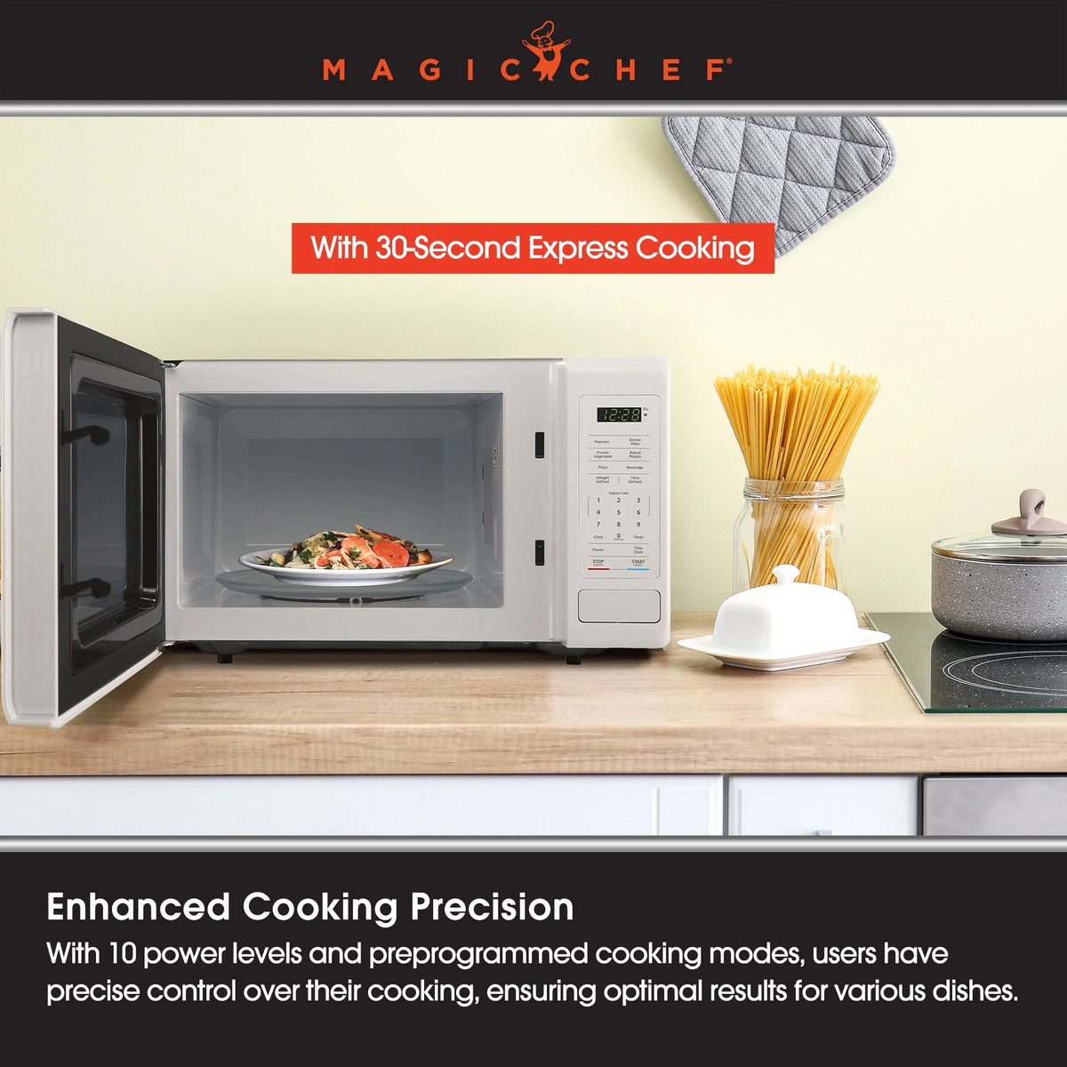 Open Box Magic Chef 0.9 Cubic Feet 900 Watt Stainless Microwave Oven, White