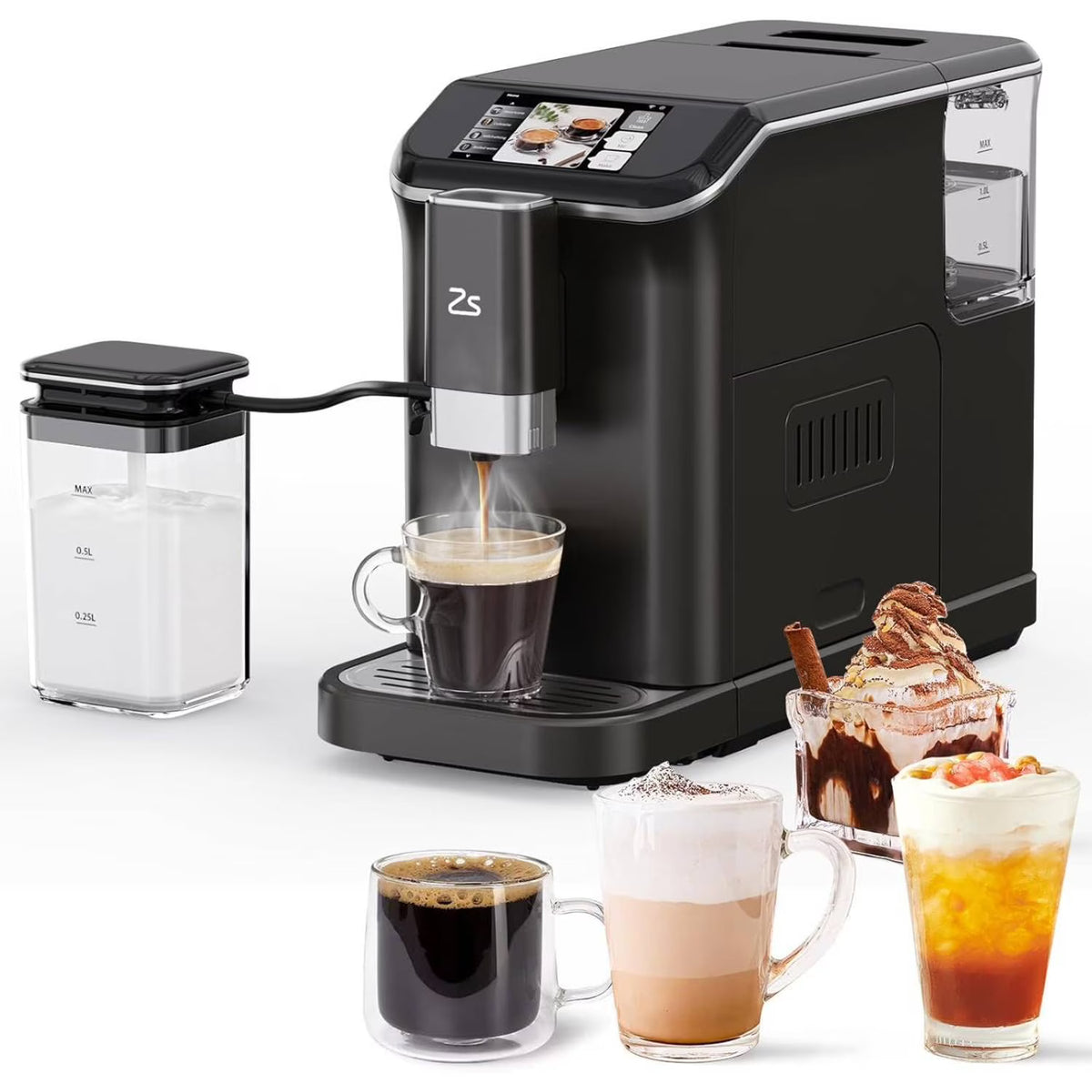 Espresso Machine,Fully Automatic Espresso Machine with Automatic Milk Frother,7 Coffee Varieties,20-Bar,Built-in Grinder,Intuitive Touch Display,1.5-L Water Tank
