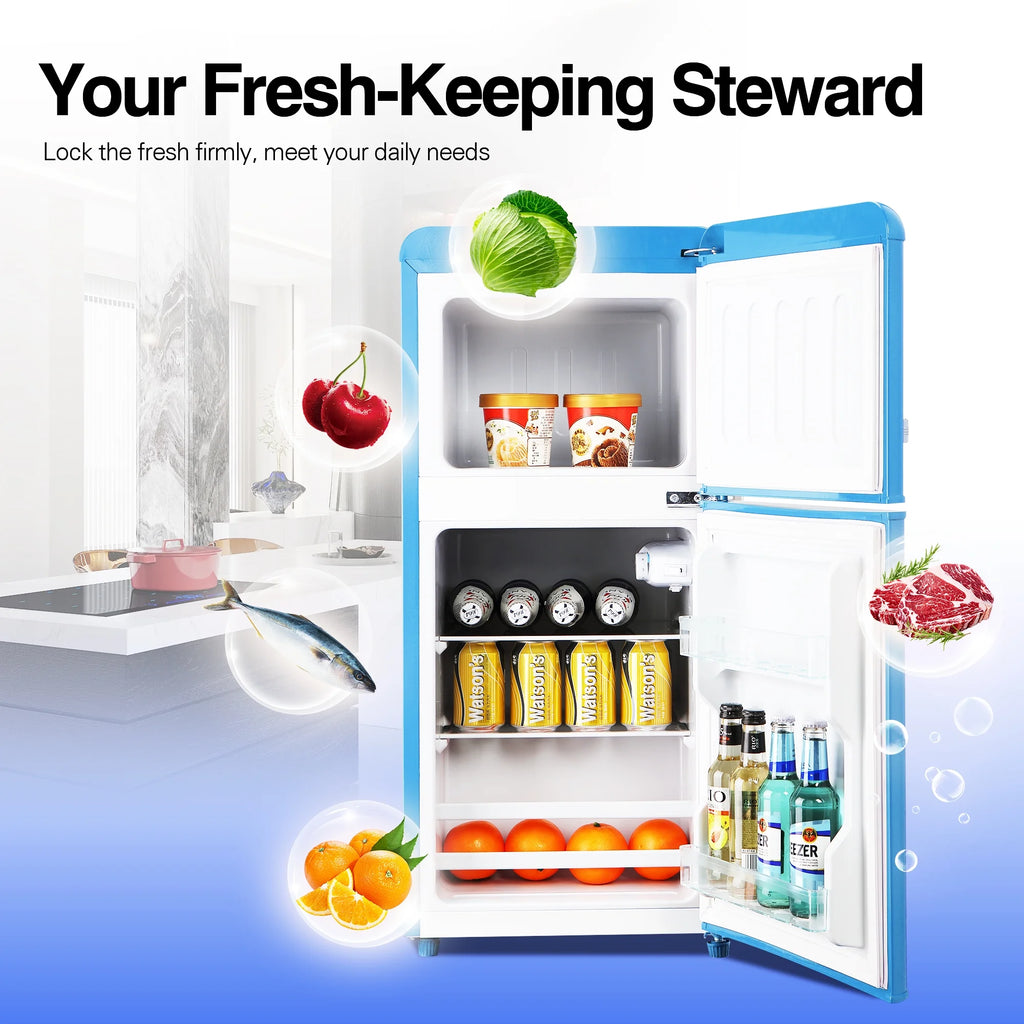 GGTB 3.0 Cu.Ft Two Door Small Refrigerator with Freezer, Compact Retro Small Refrigerator for Dorm, Office, Bar, RV, Bedroom, Blue
