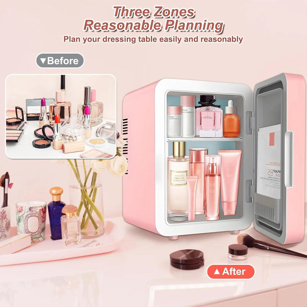 Mini Fridge for Bedroom, Skincare Fridge With Dimmable LED Light Mirror,4L Makeup Mini Fridge,Cooler & Warmer,Compact Small Refrigerator,for Bedroom, Car,For Cosmetics, Skincare And Food,Pink