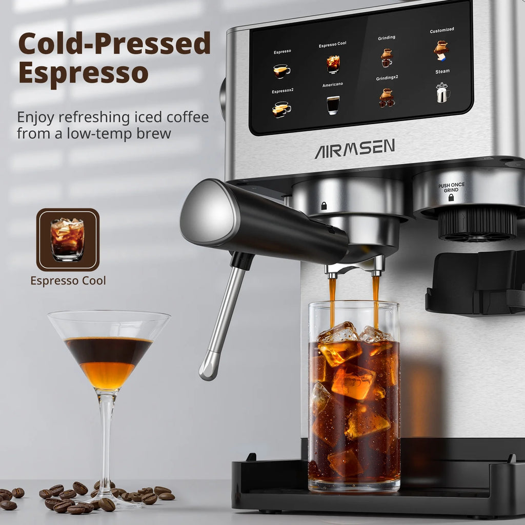 AIRMSEN Espresso Machine with Grinder, Espresso Coffee Machine with Customized Grind Amount & Coffee Volume, Cold Brew Coffee Maker for Cappuccino Latte Americano, Brushed Stainless Steel