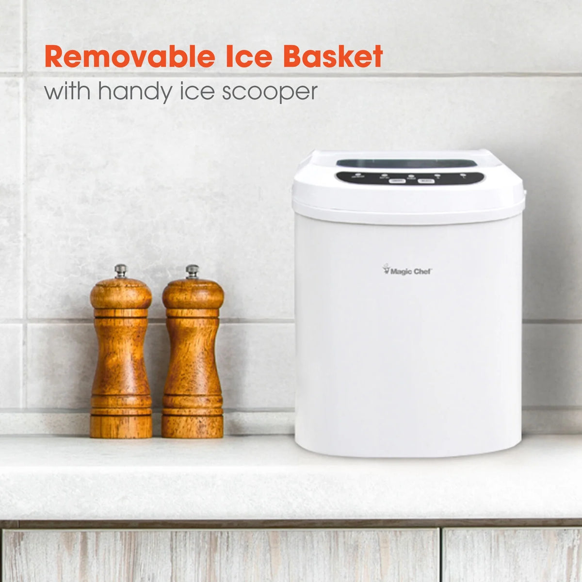 Magic Chef 27 lb. Capacity Portable Countertop Ice Maker, White and Makes Bullet Ice