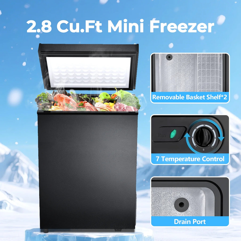 WAA 2.8 Cubic Feet Chest Freezer with Removable Basket Free Standing Top Open Door Compact Freezer with Adjustable Temperature for Home/Kitchen/Office/Bar (White)