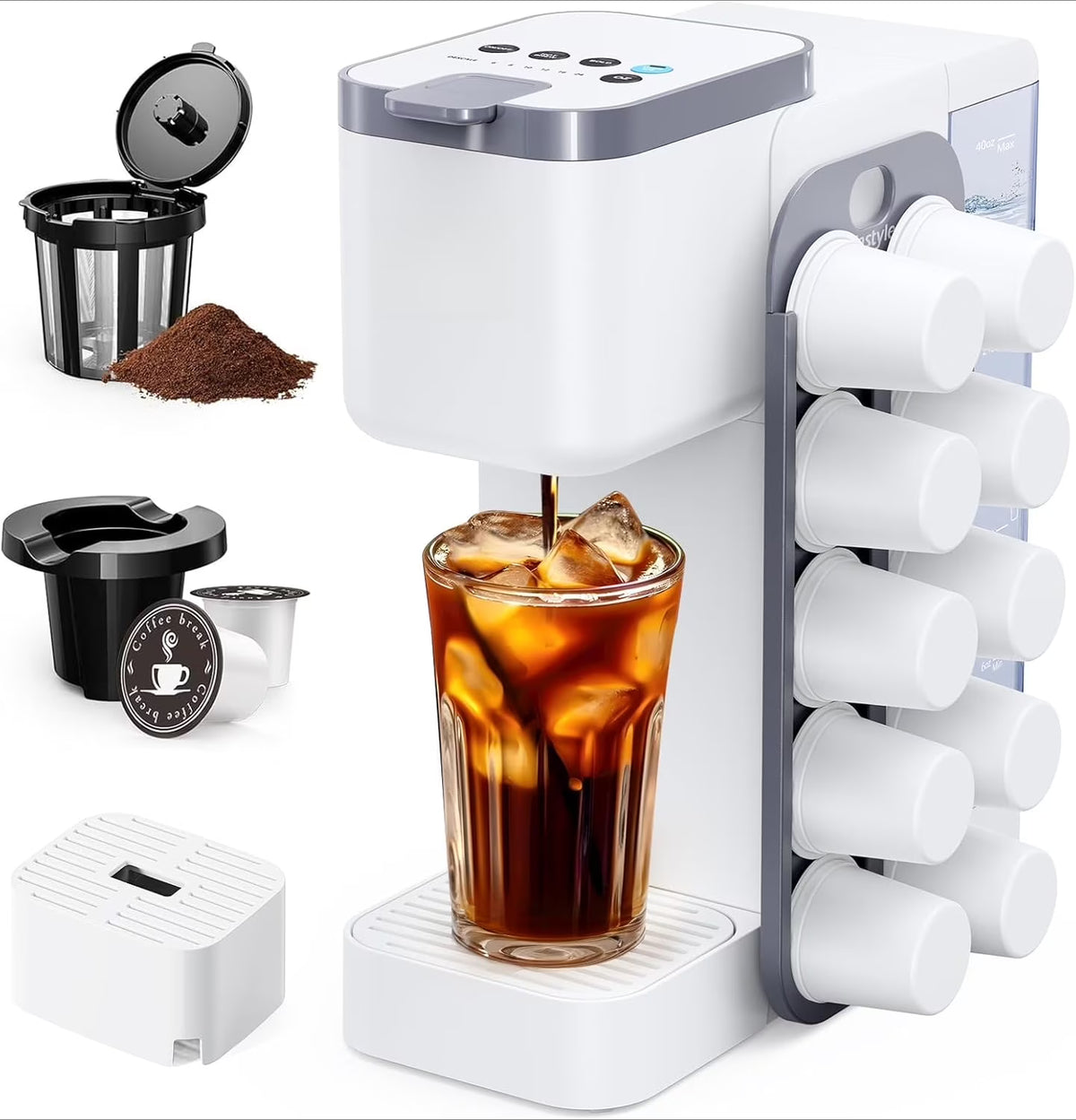 Hot & Iced Coffee Maker with Magnetic Organizer (Pods Not Included), Stores 10 Pods, 4-5 Cups Coffee Maker & Single-serve Brewer for K Cup & Grounds, 40oz Removable Water Tank