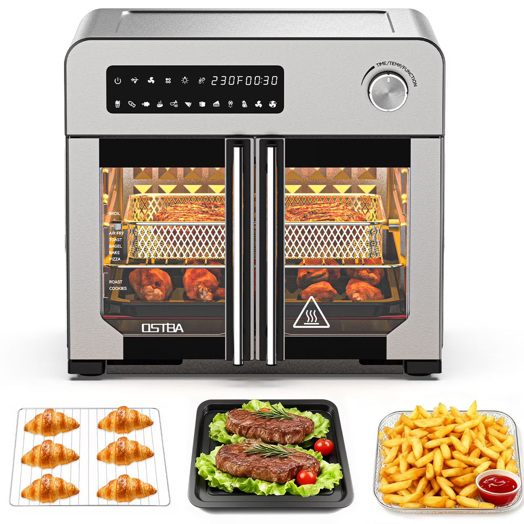 OSTBA French Door Air Fryer Toaster Oven Combo, Airfryer Convection Oven Countertop 10-in-1 Combo, 30% Faster 90% Less Oil, 102 Recipes & 7 Accessories Included 24 QT Stainless Steel