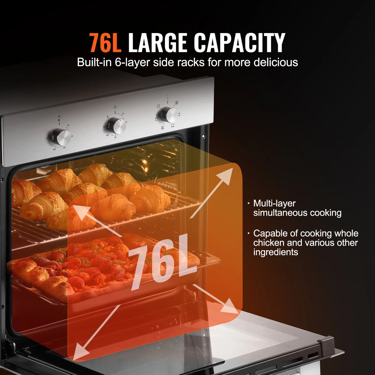 KFFKFF Single Wall Oven, 24" Electric Oven for Built-in Installation, Features 6 Cooking Modes, 2.68 Cu.Ft Capacity, Includes Timer, 2000W Power, Comes with Baking Rack and Tray, Ideal for Kitchen