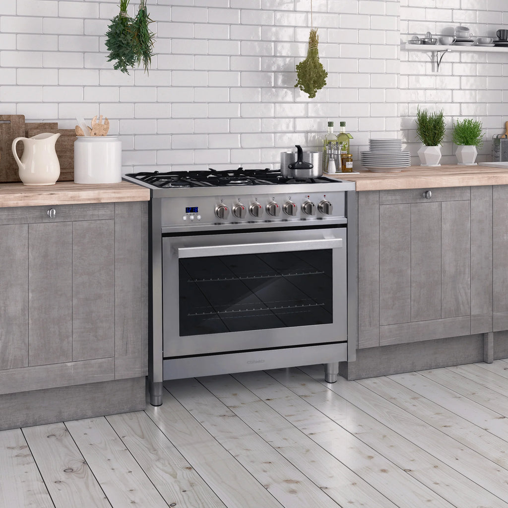 Cosmo 4 Piece Kitchen Appliance Packages with 36" Freestanding 220/240V Dual Fuel Range 36" Island Range Hood 24" Built-in Integrated Dishwasher & French Door Refrigerator Kitchen Appliance Bundles