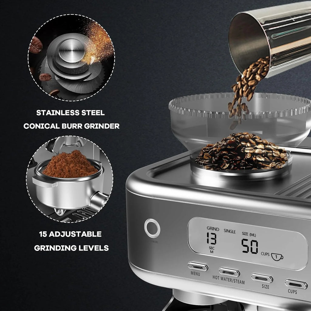 Espresso Machine 15 Bar, LCD Display Espresso Maker with Grinder, Milk Frother and PID Temperature Control, Professional Coffee Maker for Latte Cappuccino - 8.8 Oz Bean Hopper