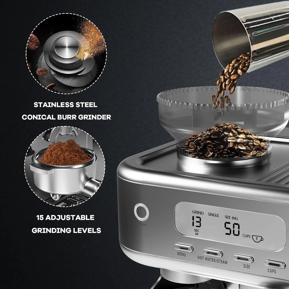 Espresso Machine 15 Bar, LCD Display Espresso Maker with Grinder, Milk Frother and PID Temperature Control, Professional Coffee Maker for Latte Cappuccino - 8.8 Oz Bean Hopper