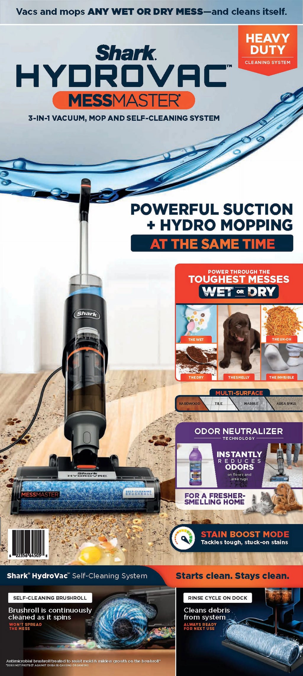 Shark HydroVac MessMaster Wet Dry Corded Vacuum Cleaner, 3-in-1 Multi-Surface Vacuum Mop & Self-Cleaning System, Lightweight, Powerful Suction, for Hard Floors & Area Rugs, WD160