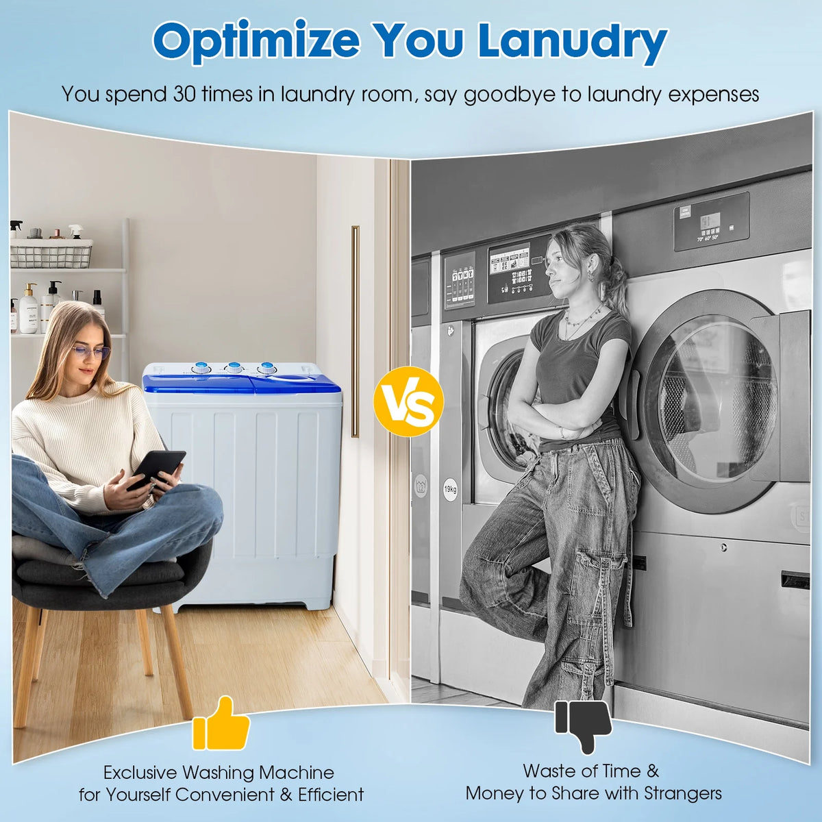 Clickoods 28lbs Portable Washing Machine Twin Tub, Compact Washer with Drain Pump, Semi-Automatic washer dryer combo, Blue