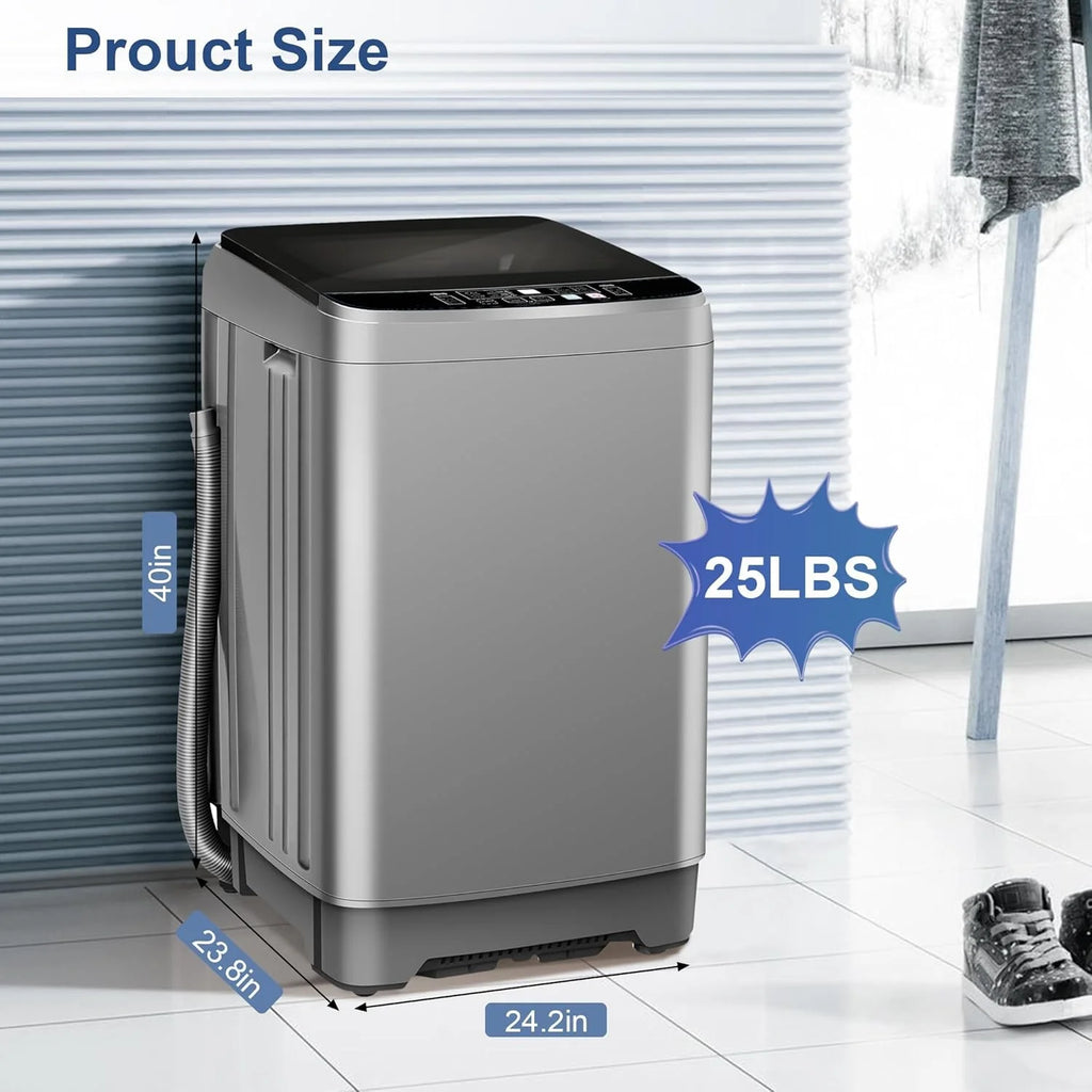 Kcpolre Portable Washing Machine, 25 lbs Full Automatic Washer with 10 Programs & 8 Water Levels, Top Load Clothes Washing Machines with LED Display for Home, Apartment, Grey