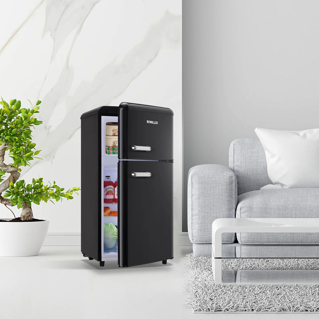 DEMULLER Mini Fridge with Freezer Compact Retro Refrigerator Dual Door Black-YX-100 19 inches Wide