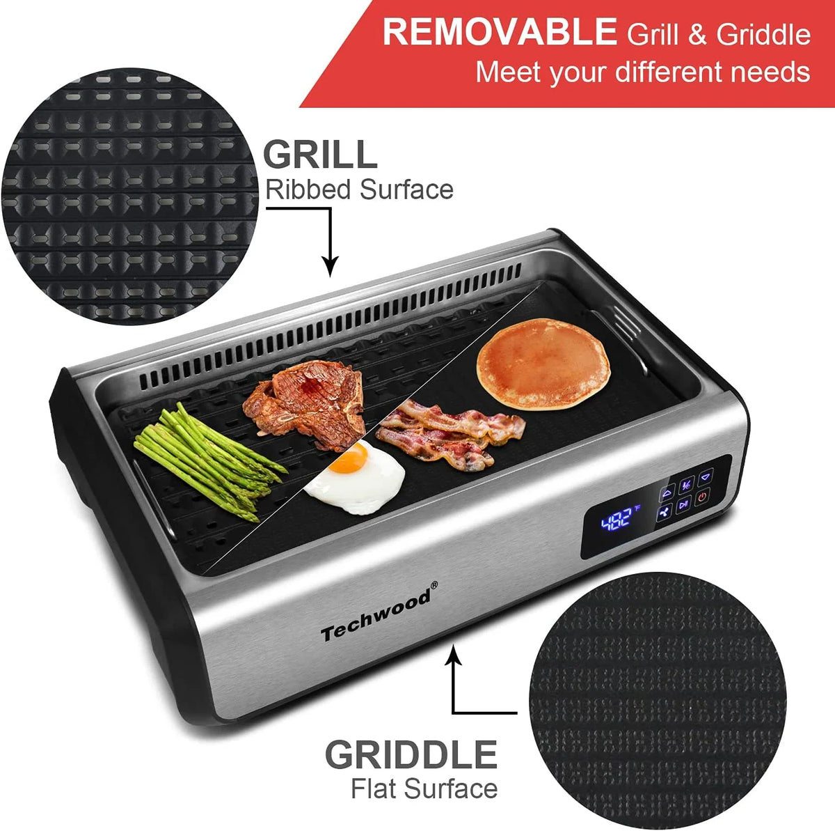 Techwood Indoor Smokeless Grill, 1500W, Black, Electric Portable Korean BBQ Grill with Tempered Glass Lid