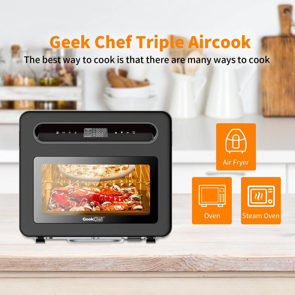 KOFUN Steam Air Fryer Toast Oven Combo, 26 QT Steam Convection Oven Countertop, 50 Cooking Presets, with 6 Slice Toast, 12" Pizza, Black Stainless Steel