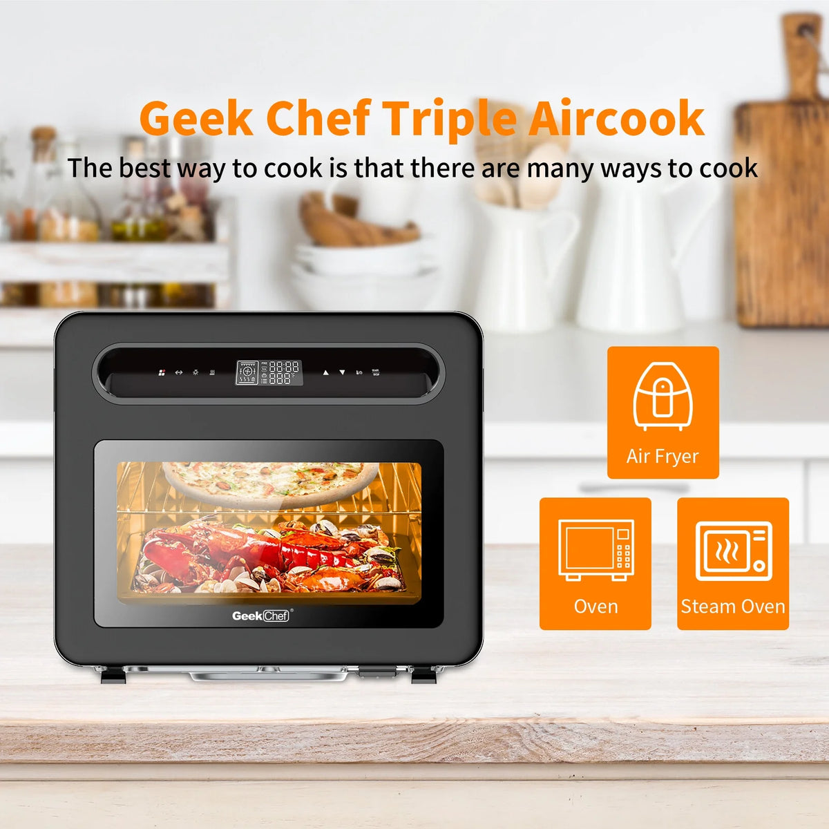 KOFUN Steam Air Fryer Toast Oven Combo, 26 QT Steam Convection Oven Countertop, 50 Cooking Presets, with 6 Slice Toast, 12" Pizza, Black Stainless Steel