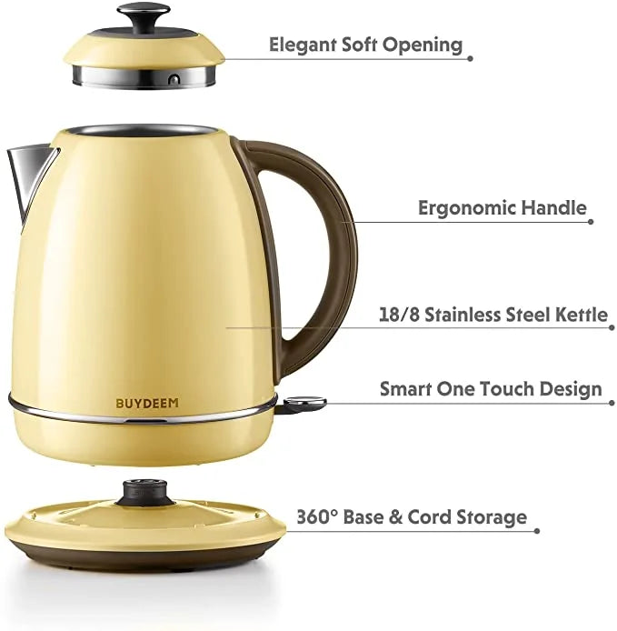 BUYDEEM K640 Stainless Steel Electric Tea Kettle with Auto Shut-off 1.7 L, 1440W (Mellow Yellow)
