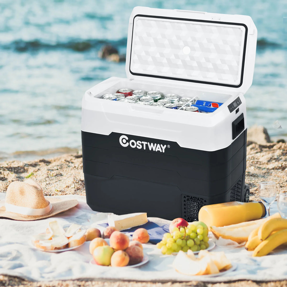 Costway 53 qt Wheeled Corded Electric Dual-Zone Portable Car Refrigerator, White