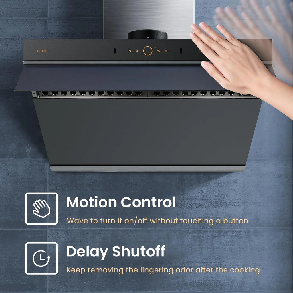 FOTILE Slant Vent Series 30" 1000 CFM Under Cabinet or Wall Mount Range Hood with 2 LED lights, Motion and Touch Activation in Onyx Black Tempered Glass