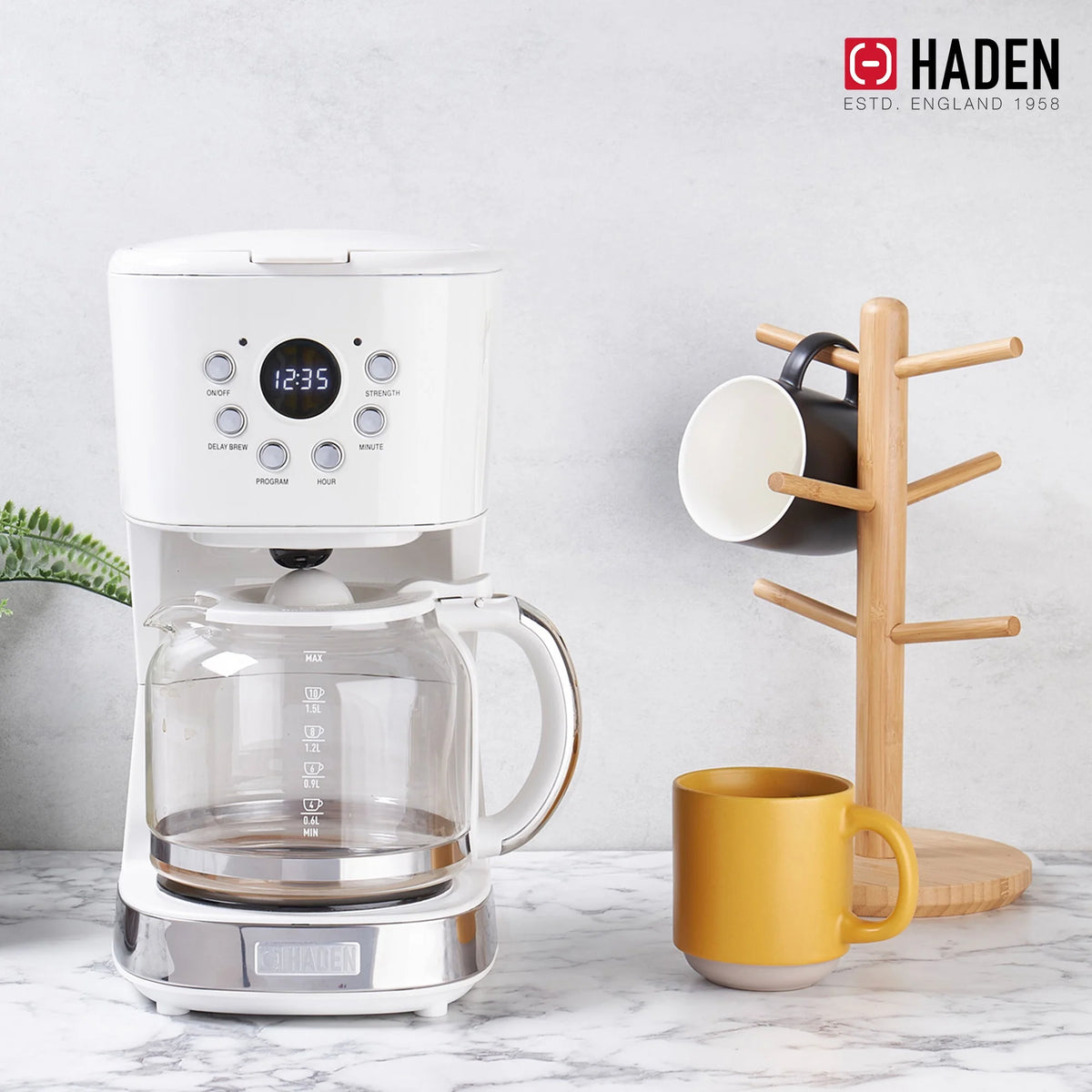 Haden 12 Cup Coffee Maker with 2 Slice Stainless Steel Bread Toaster, White