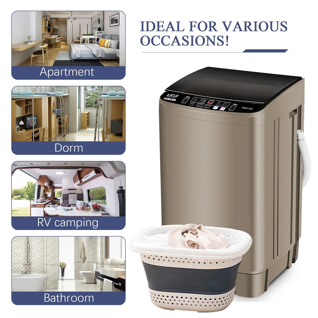Krib Bling Full Automatic Washing Machine with LED Display, 17.7 lbs Portable Washer with Drain Pump, 10 Washing Programs & 8 Water Levels, Ideal for Camping, Apartment, Dorm, Grey