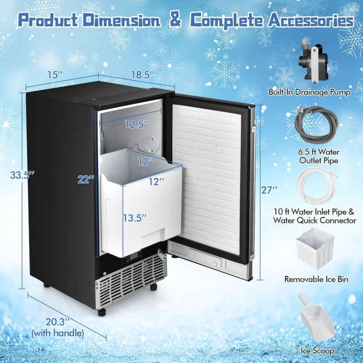 Topcobe Free-Standing Built-In Undercounter Ice Maker, Electric Ice Maker for Home Kitchen OffIce Bar Party Camping RV, Silver