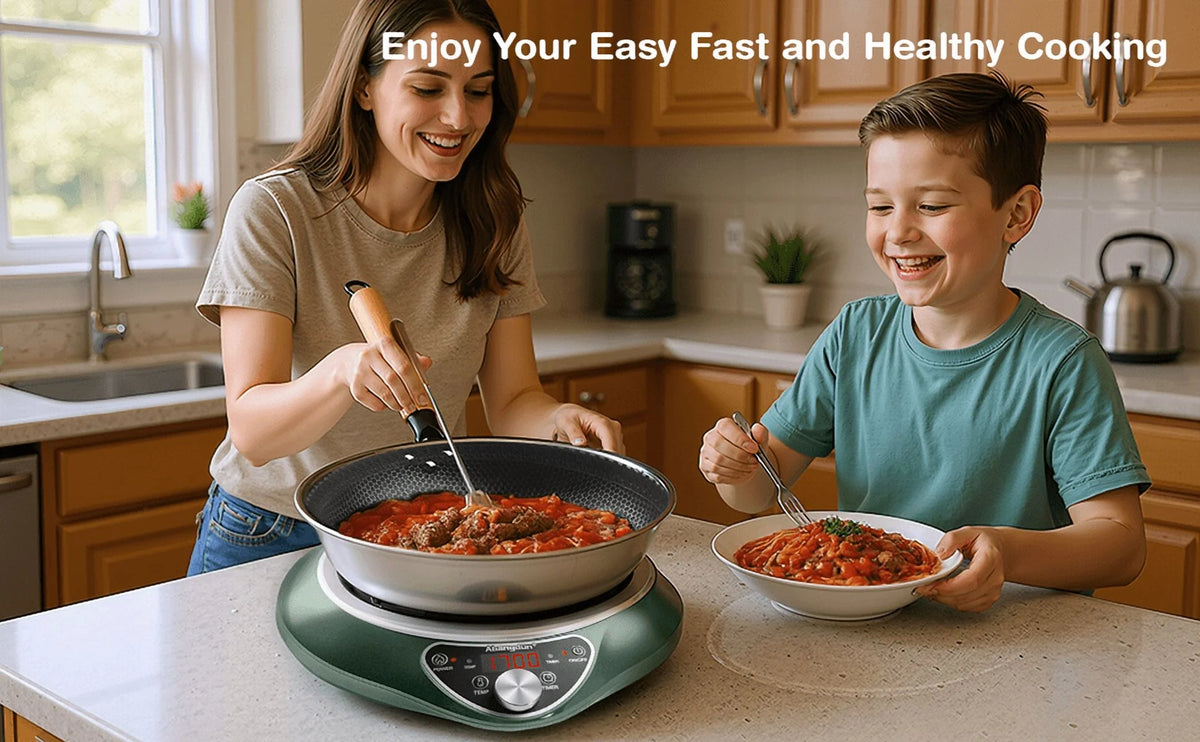 Induction Cooktop 1700W 85V~120V Wok Pan (included) Portable Electric Stove 18 Hours Timer 16 Level Temp&Power Ctrl Cookware Appliances Skillet Plates