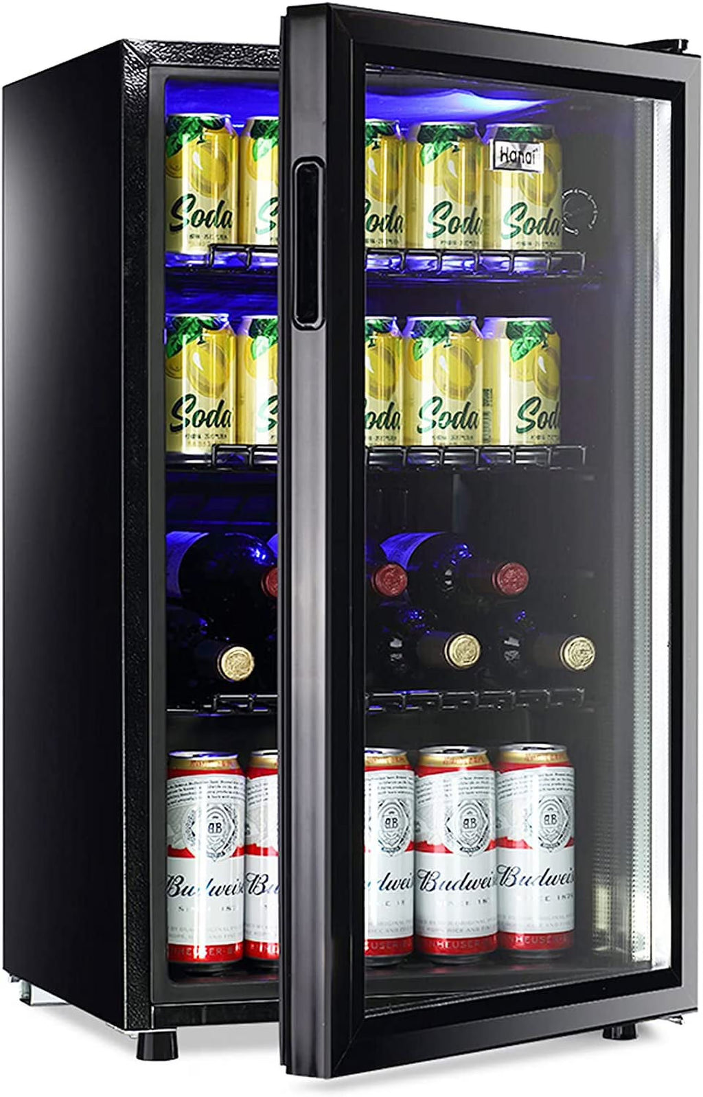 WANAI Compact Beverage Refrigerator, 100 Can Capacity, Glass Door, Black Stainless Steel