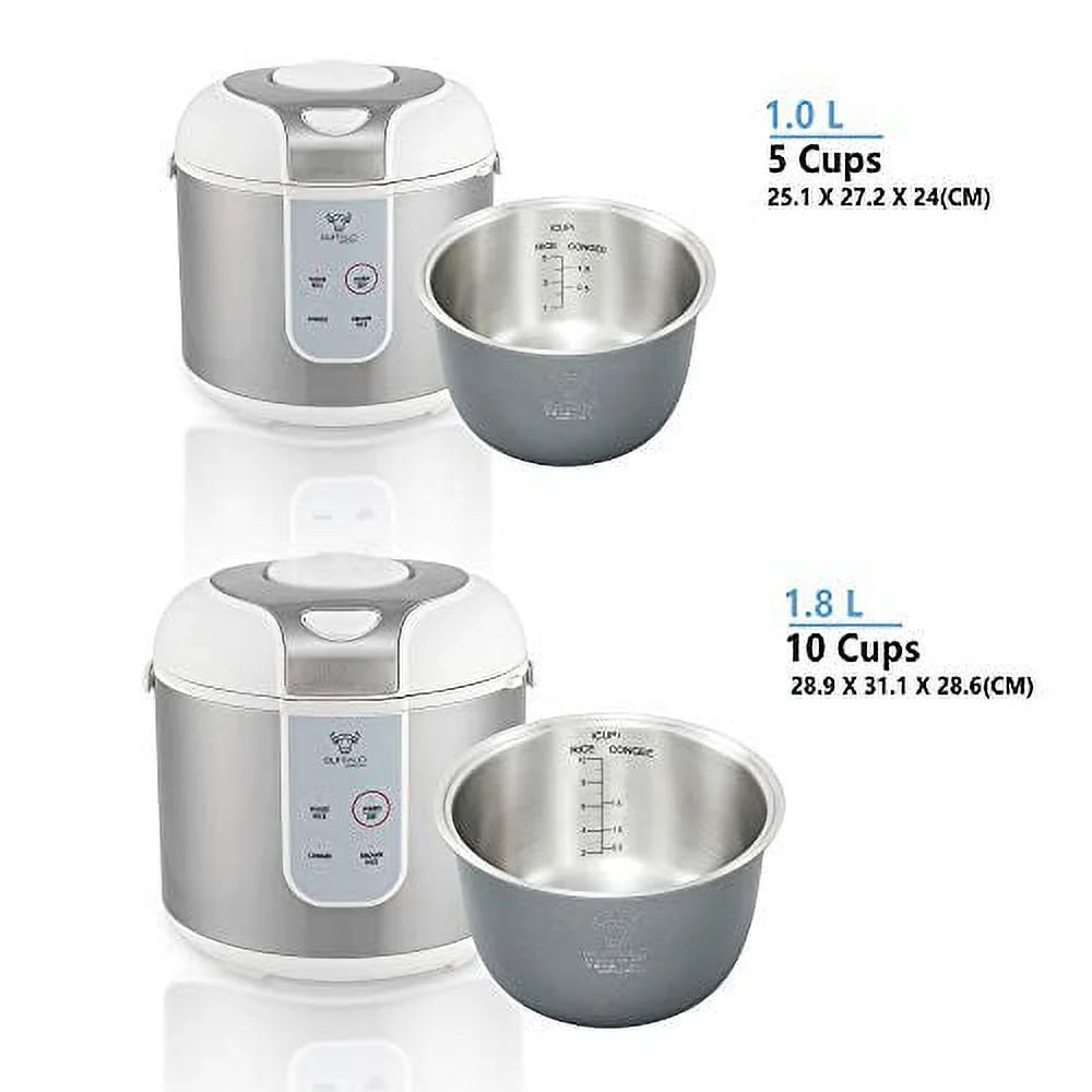 Buffalo Classic Rice Cooker with Clad Stainless Steel Inner Pot - Electric Rice Cooker for White/Brown Rice, Grain - Easy-to-clean, Non-Toxic & Non-Stick, Auto Warmer (5 Cup)