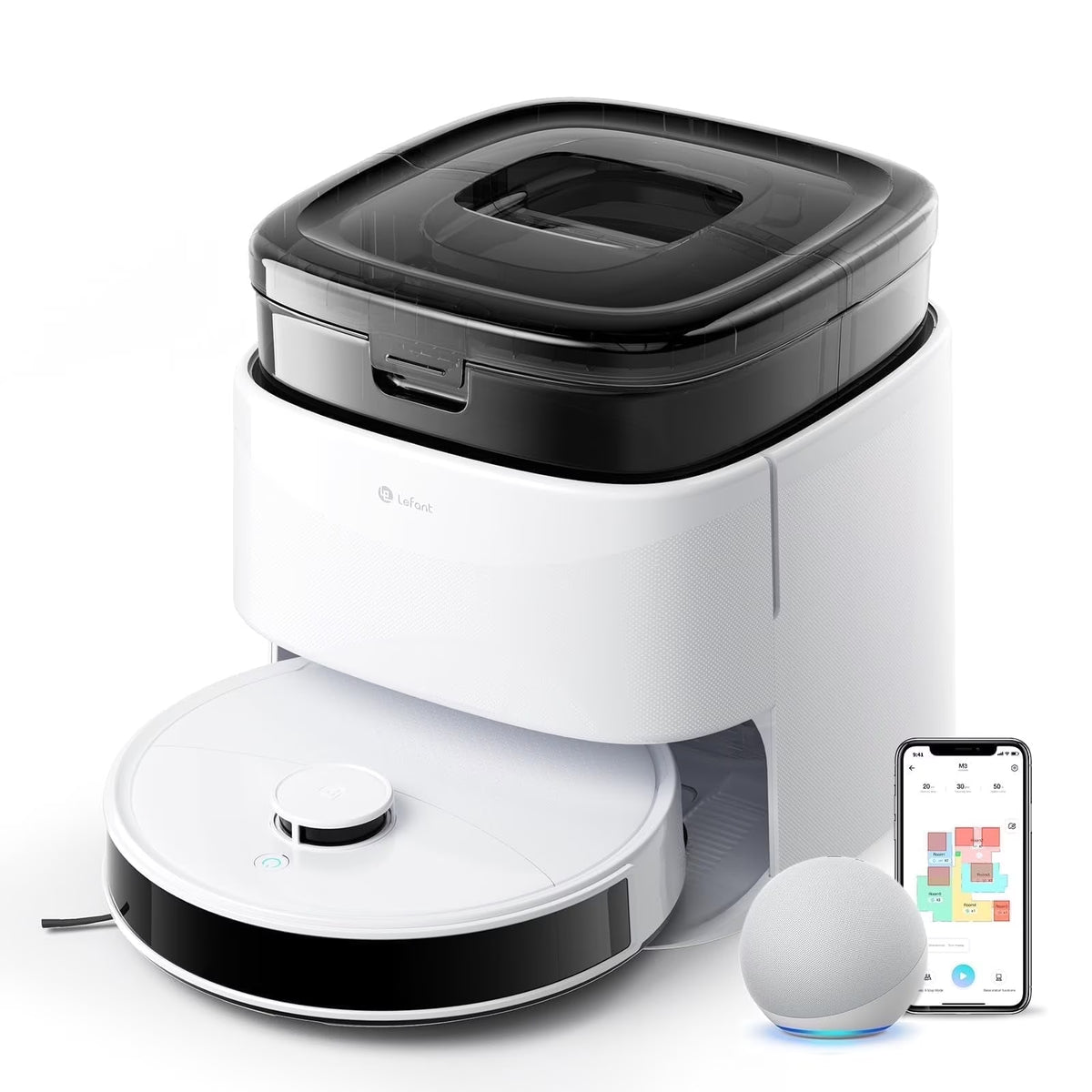 Lefant M3 Robot Vacuum and Mop, 12,000Pa Suction, All-in-One Base Station, Anti-Tangle Brushes & Dual Spinning Mop, 113��F Hot Water Auto Mop Washing & Cool Air Drying, Self-Emptying & Refilling