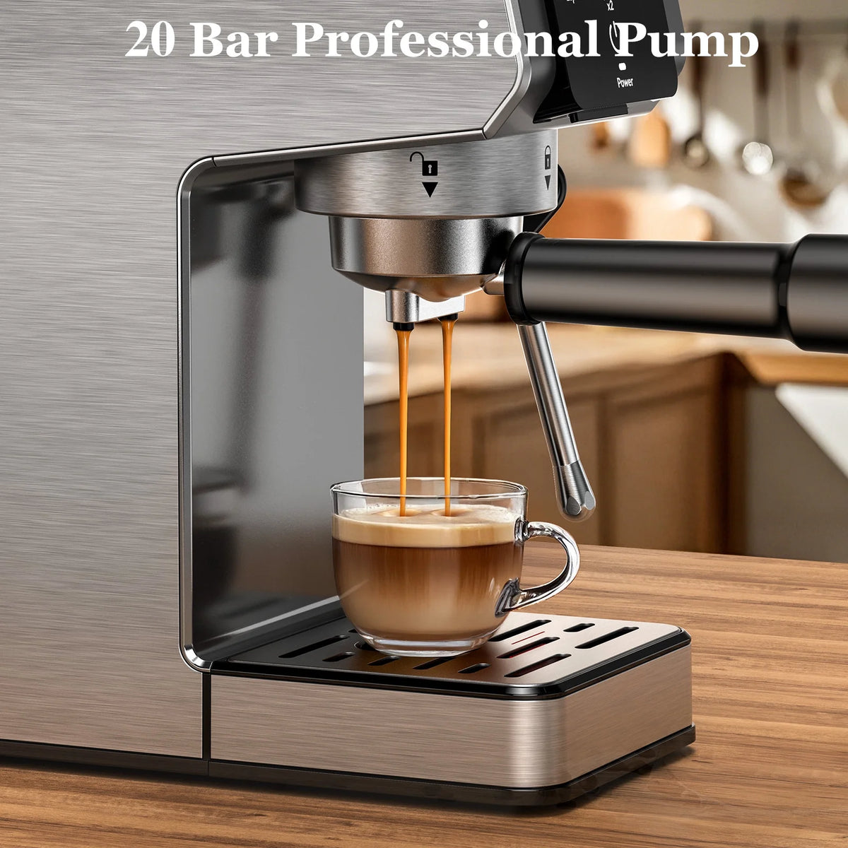 Espresso Machine 20 Bar, Rapid Cold Brew, Stainless Steel Coffee Machine with 40oz Removable Water Tank for Cappuccino, Latte, Silver