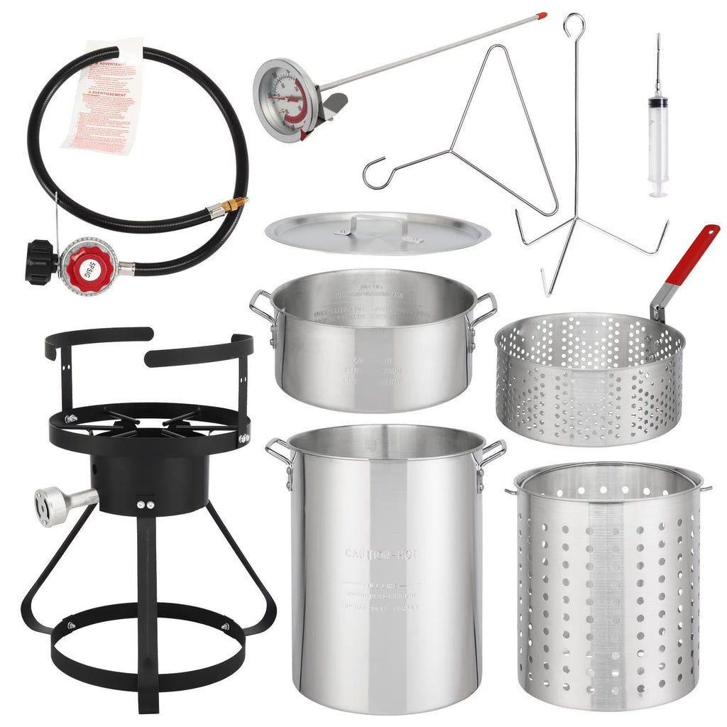 30QT Turkey Deep Fryer Baskets & Stand, Aluminum Fryer Pot w/ 54000BTU Propane Burner, Thermometer, Marinade Injector, Turkey Rack & Rack Lifter, for Outdoor Cooking