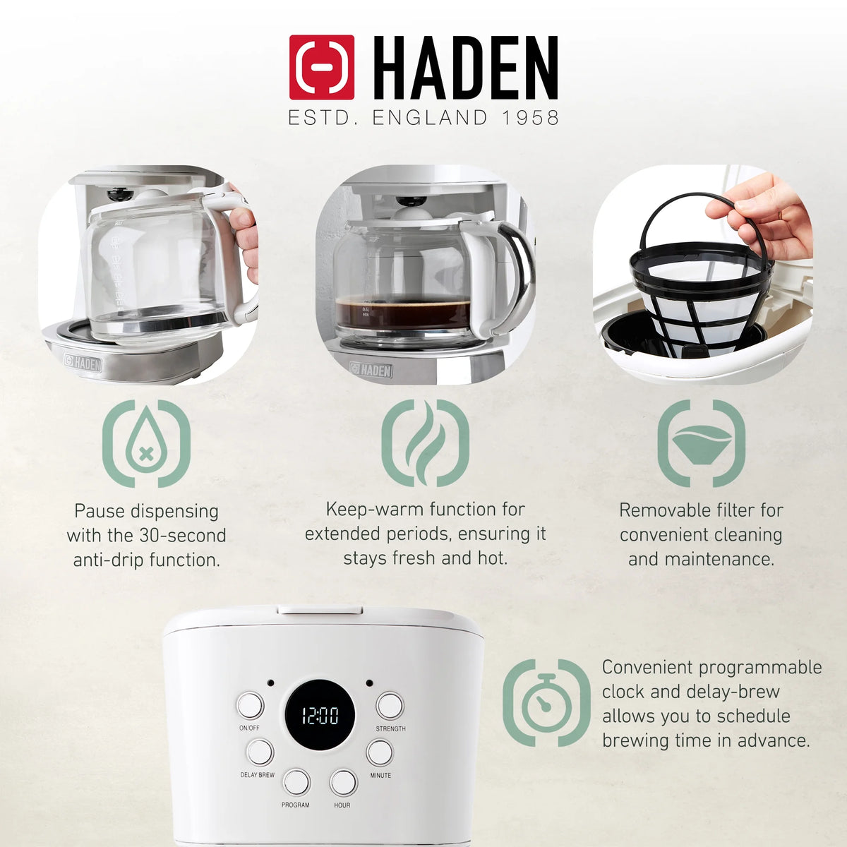 Haden Coffee Maker & Heritage 1.7 Liter Electric Kettle, Black & Chrome